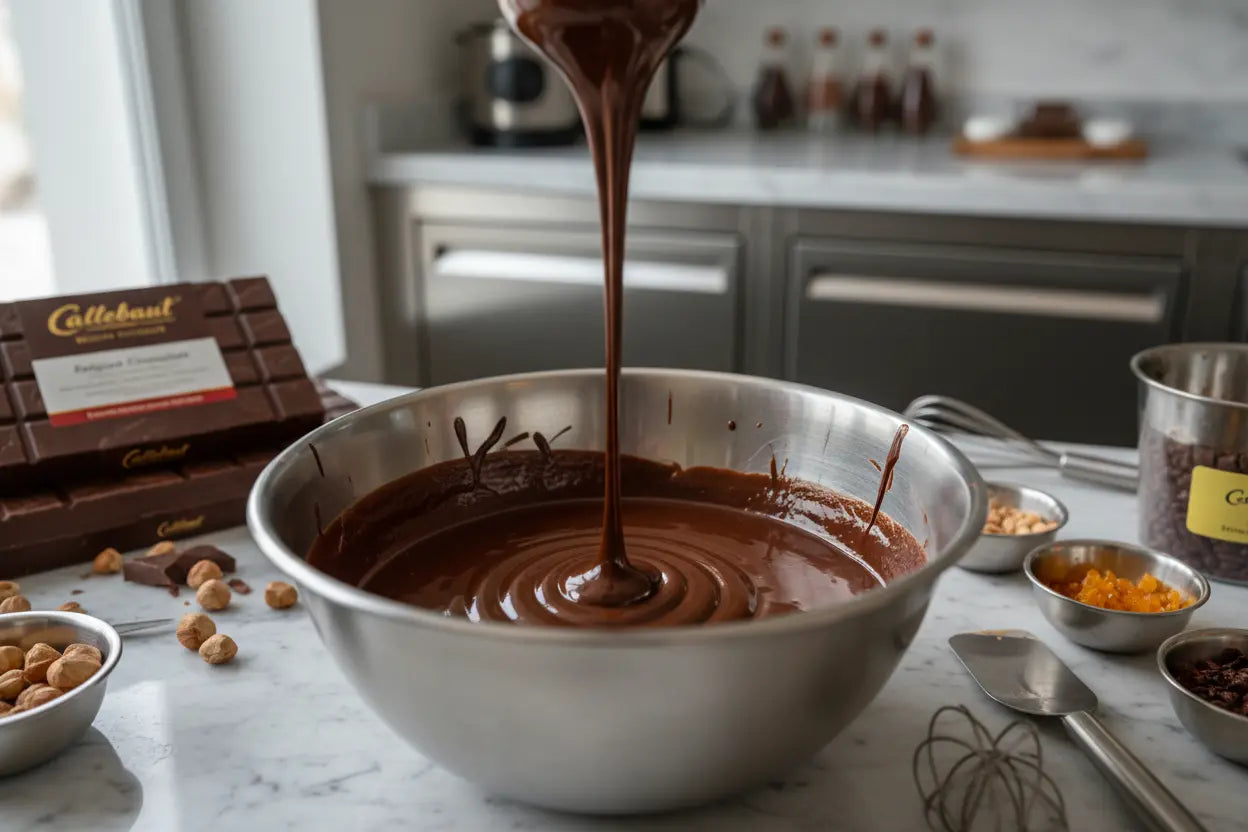 Ganache profesional realizat cu ciocolată belgiană Callebaut pentru torturi și praline premium