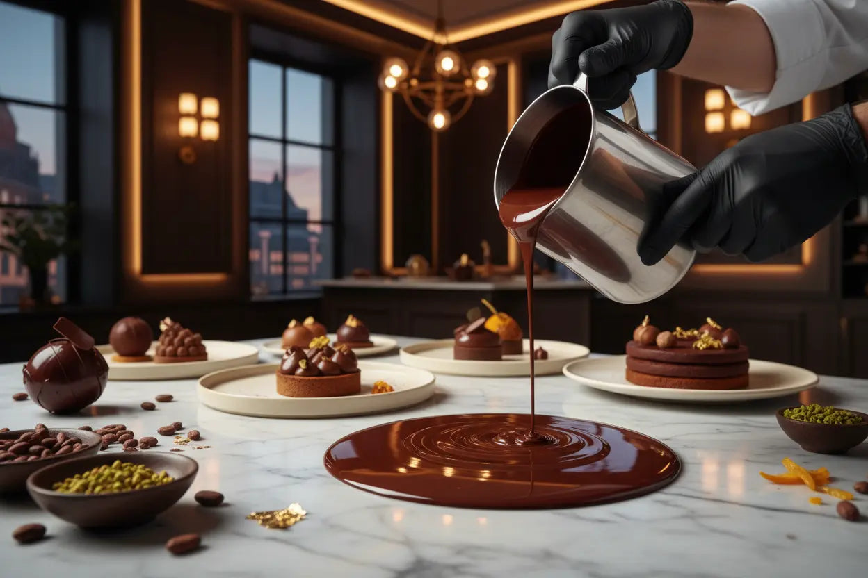 Proces profesional de temperare a ciocolatei belgiene premium pentru praline și deserturi de cofetărie