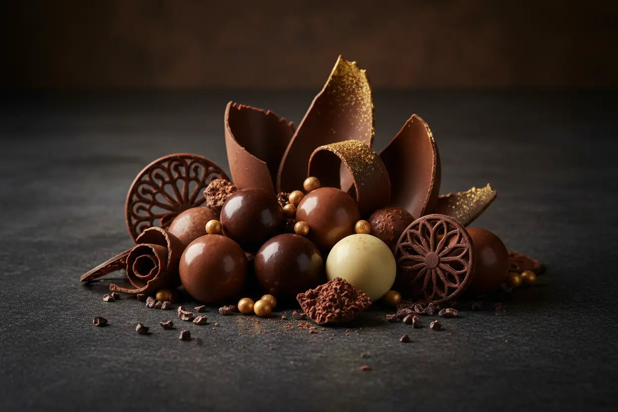 Decorațiuni premium din ciocolata praline perle si ornamente pentru torturi si deserturi