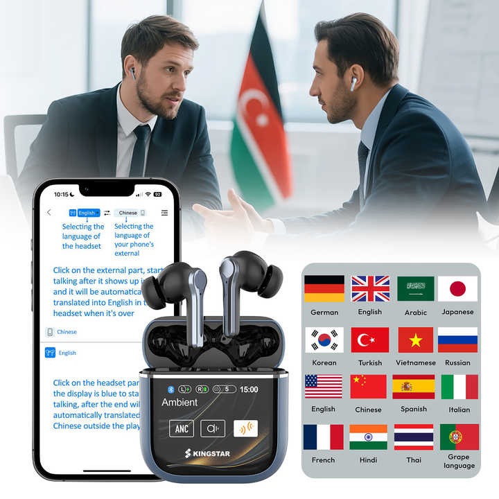 Casti audio bluetooth 5.0 inteligent touchscreen AI Traducere vocala two-way timp real 144 limbi, Casti wireless afisare HD cu anularea zgomotului control tactil type C rezistent la apa carcasa incarcare Casti telefon earpods fara fir muzica android apple