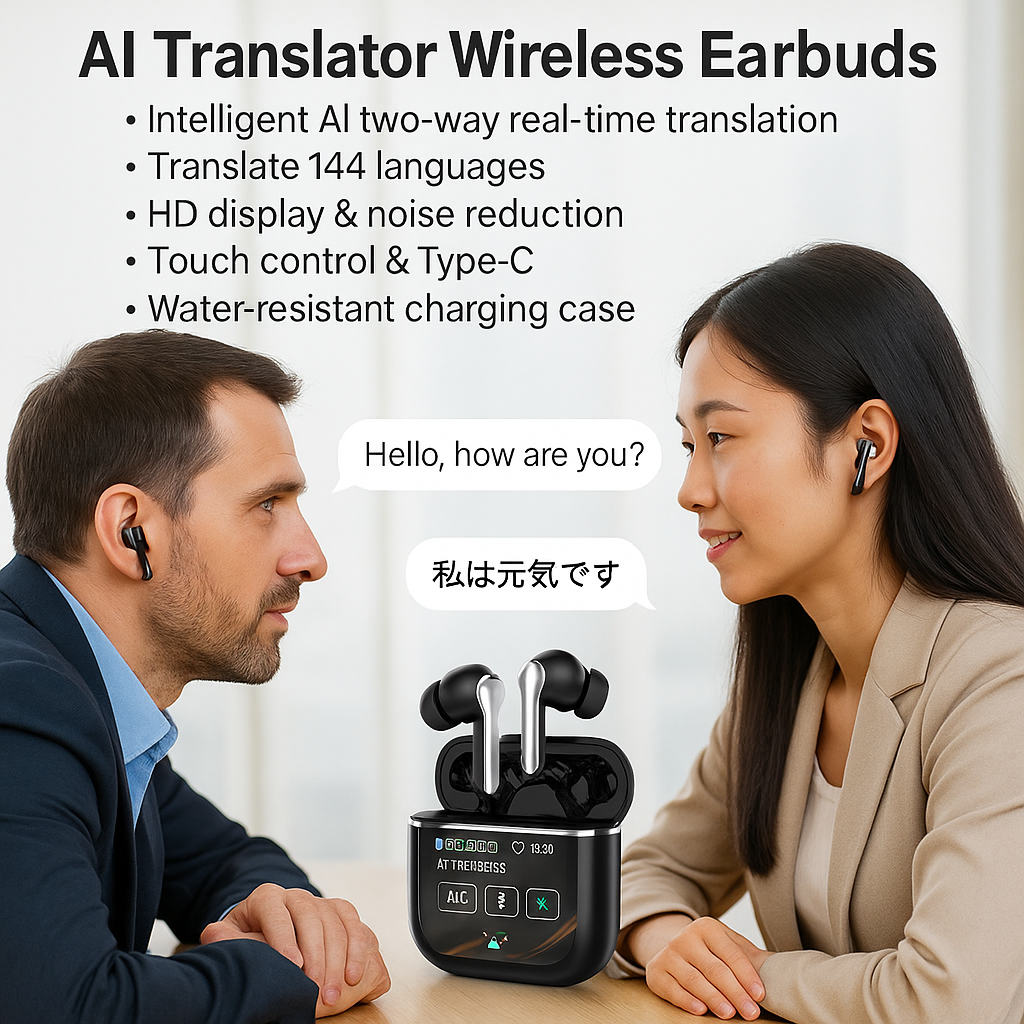 Casti audio bluetooth 5.0 inteligent touchscreen AI Traducere vocala two-way timp real 144 limbi, Casti wireless afisare HD cu anularea zgomotului control tactil type C rezistent la apa carcasa incarcare Casti telefon earpods fara fir muzica android apple
