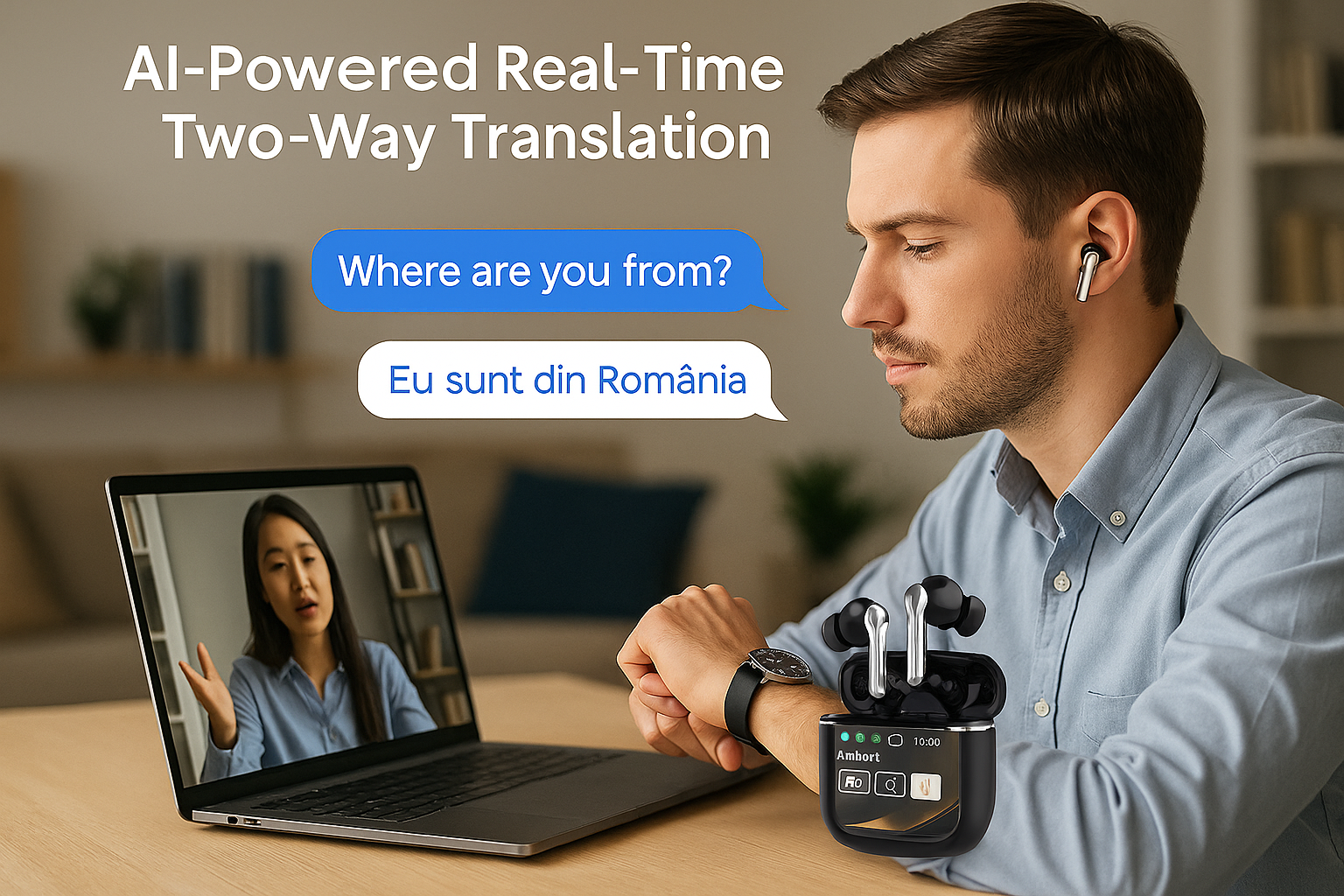 Casti audio bluetooth 5.0 inteligent touchscreen AI Traducere vocala two-way timp real 144 limbi, Casti wireless afisare HD cu anularea zgomotului control tactil type C rezistent la apa carcasa incarcare Casti telefon earpods fara fir muzica android apple
