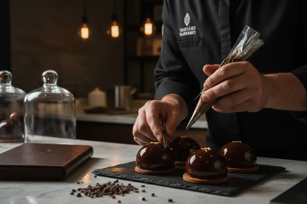 Chef cofetar decorand deserturi premium cu ciocolata și praline artizanale cacao patiserie